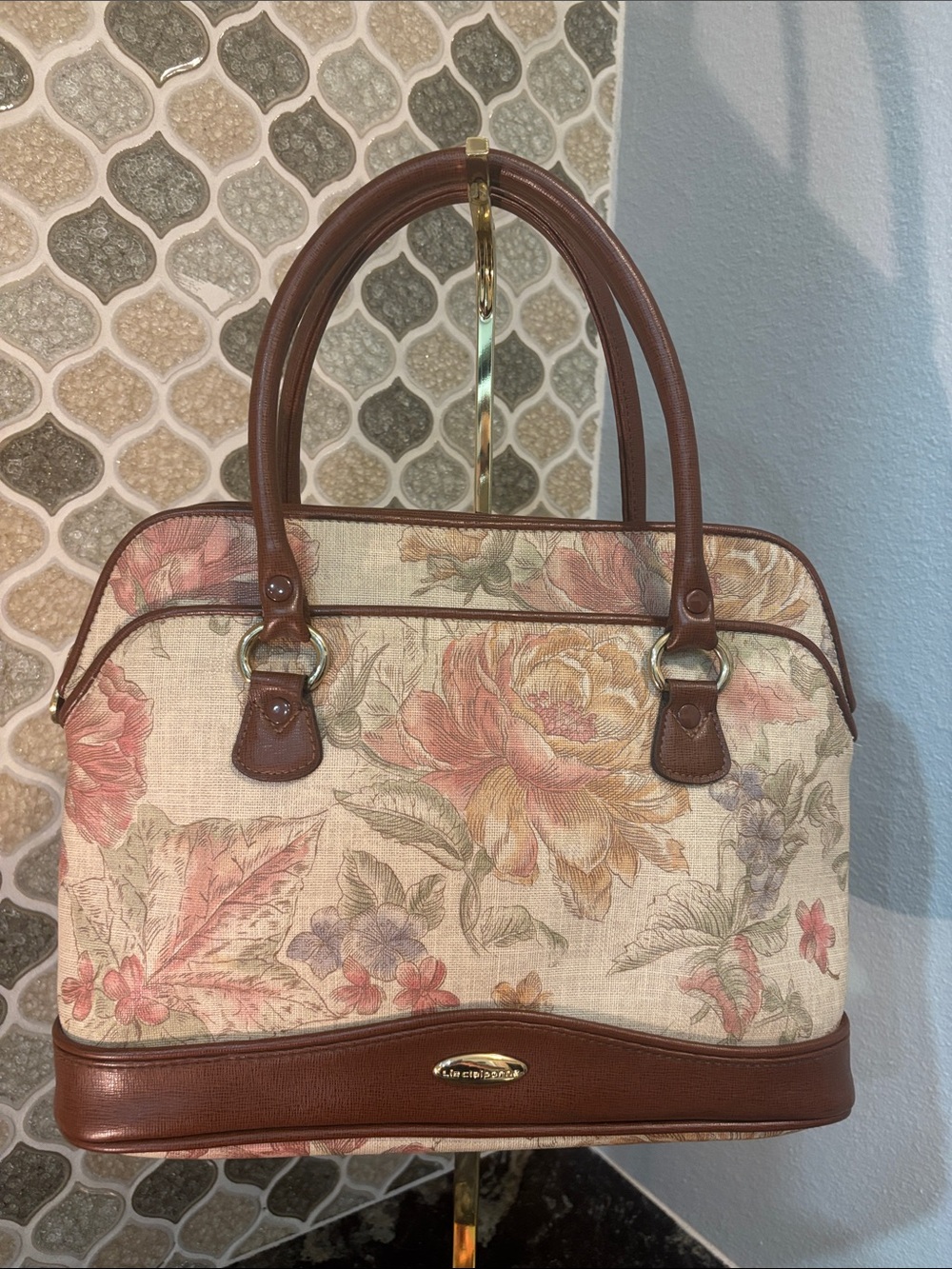 Liz Claiborne Floral Canvas Satchel with Brown Trim